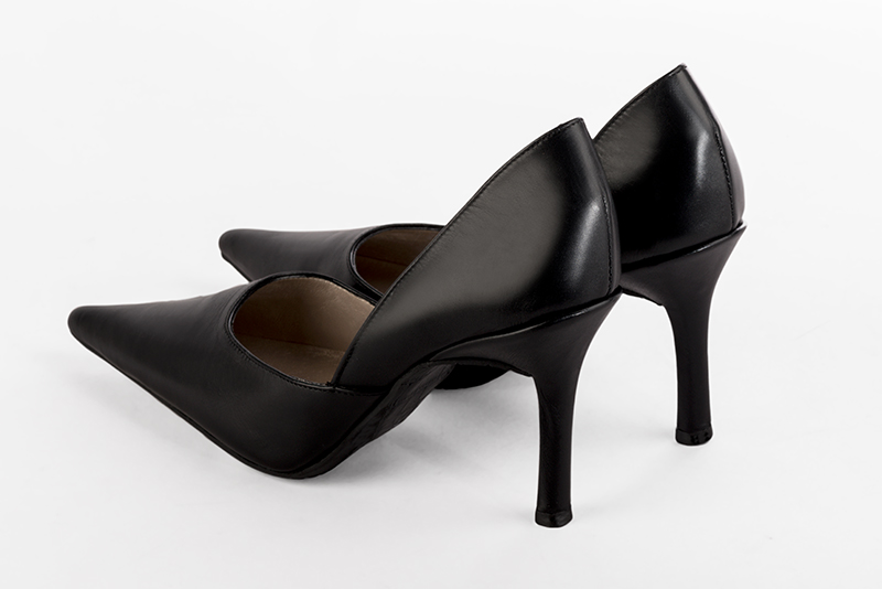 Satin black women's open arch dress pumps. Pointed toe. Very high slim heel. Rear view - Florence KOOIJMAN